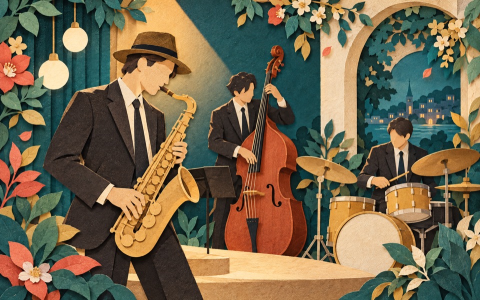 ジャズ・ボサノバの演奏(切り絵のイメージイラスト)