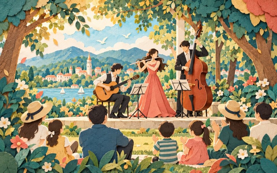 地域イベント・お祭りでの生演奏(切り絵のイメージイラスト)