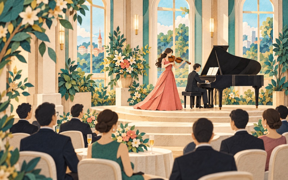 企業パーティー・式典での生演奏(切り絵のイメージイラスト)